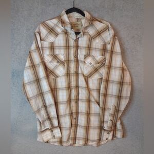Cowboy Legend Pearl Snap Shirt Mens XL Brown Tan Plaid Flip Cuff Western Rodeo